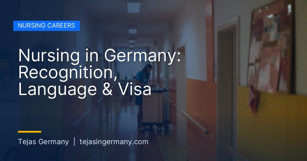 Nurse working in a German hospital corridor